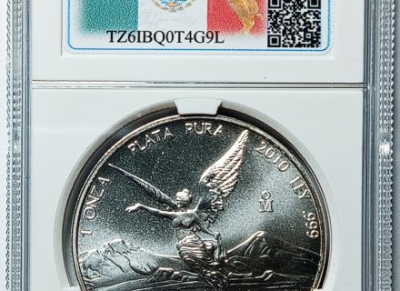 Onza Libertad 2010 en slab de NCV Grading, reverso con el Ángel de la Independencia